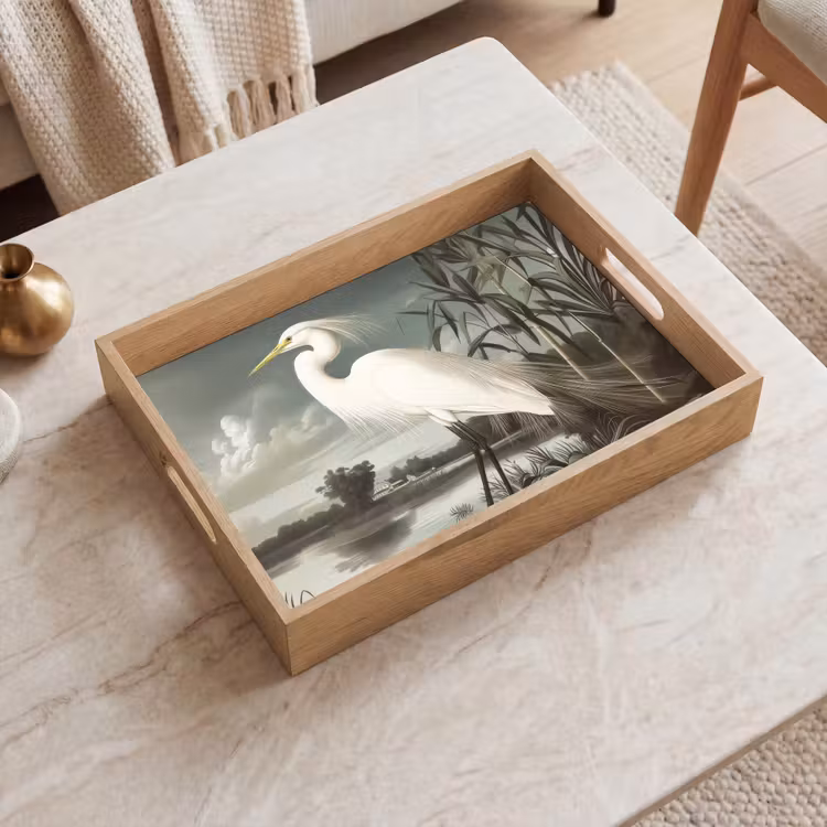 Vassoio - Airone - Piante - Nuvole - Bianco — 2