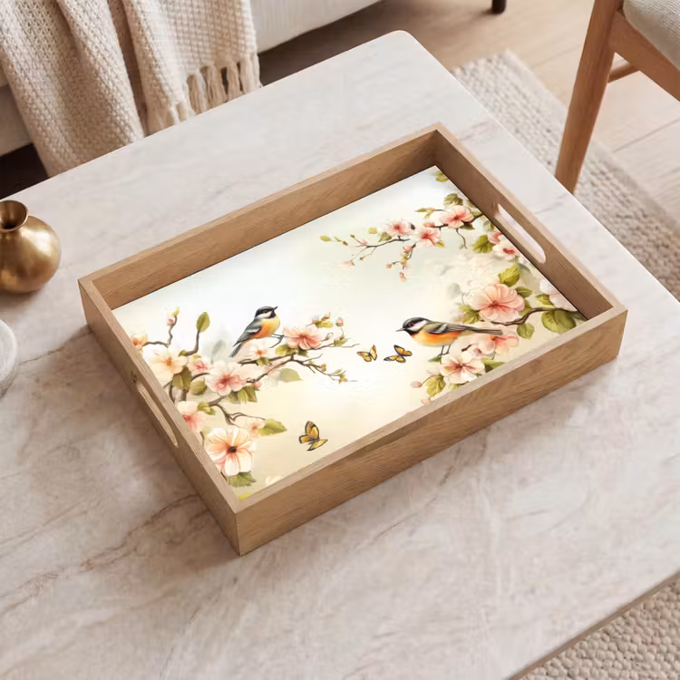 Vassoio - Rami - Fiori - Uccelli - Rosa — 2