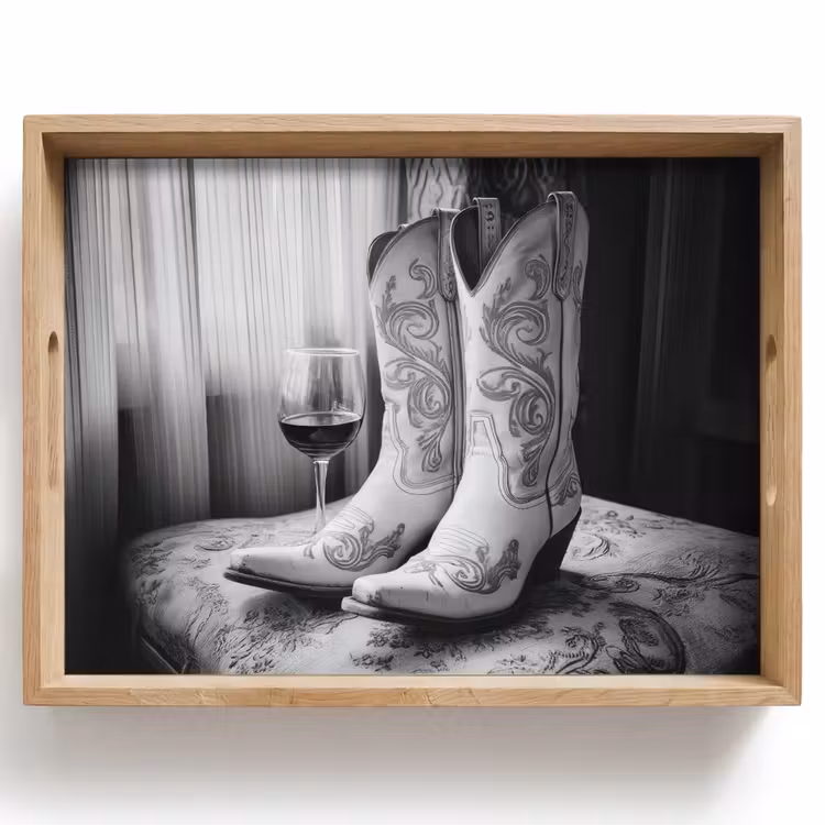 Vassoio - Vino - Stivali da cowboy - Luce alla finestra - Bianco — 1