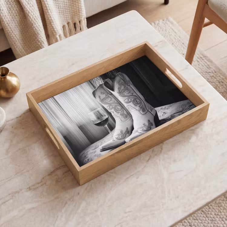 Vassoio - Vino - Stivali da cowboy - Luce alla finestra - Bianco — 2