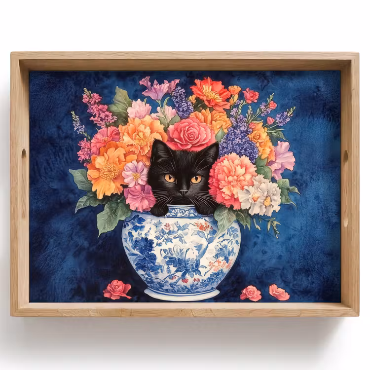 Vassoio - Gatto - Fiori dai colori vivaci - Vaso — 1