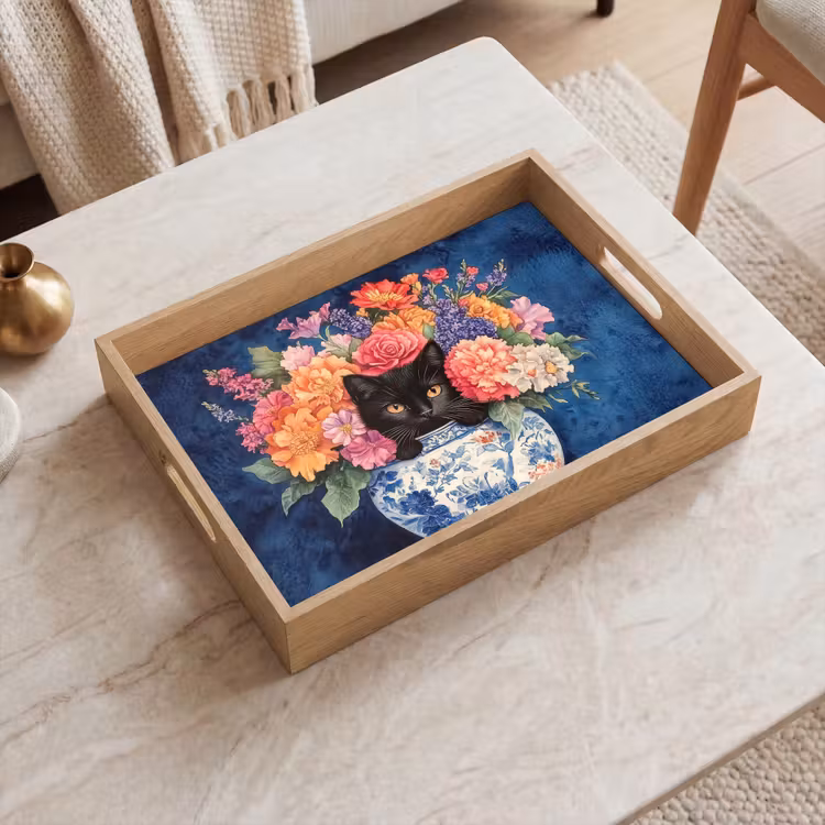 Vassoio - Gatto - Fiori dai colori vivaci - Vaso — 2
