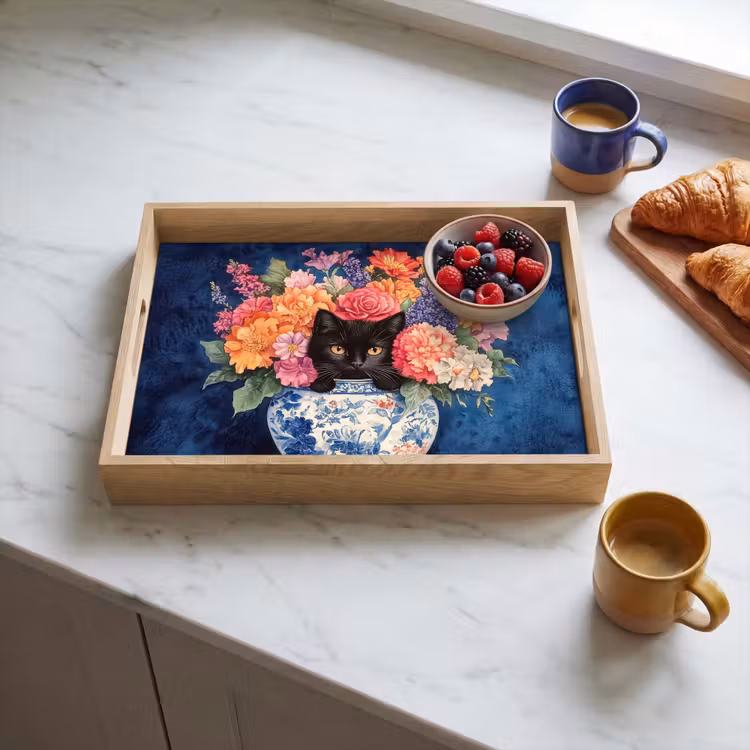 Vassoio - Gatto - Fiori dai colori vivaci - Vaso — 3