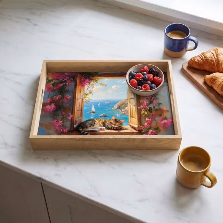 Vassoio - Gatto - Mare blu - Fiori rosa — 3
