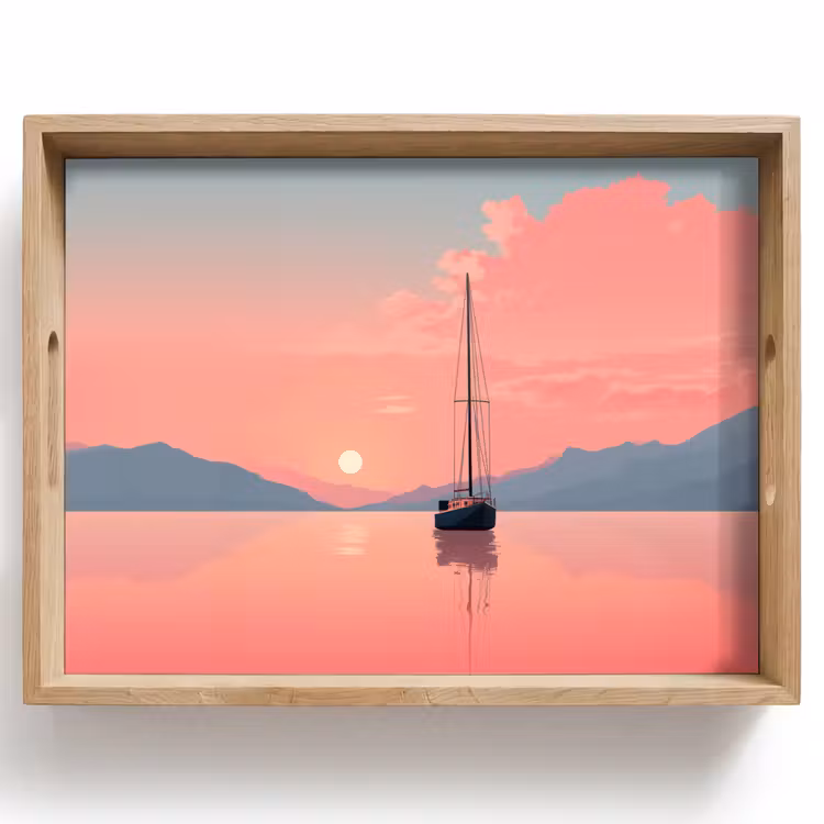 Vassoio - Barca a vela - Mare rosa - Tramonto - Montagne — 1