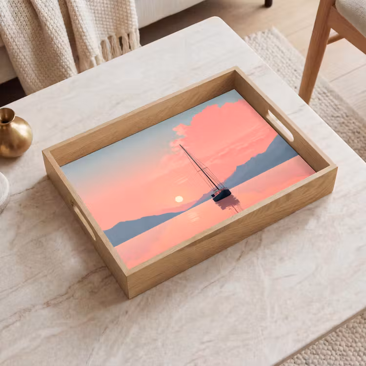 Vassoio - Barca a vela - Mare rosa - Tramonto - Montagne — 2