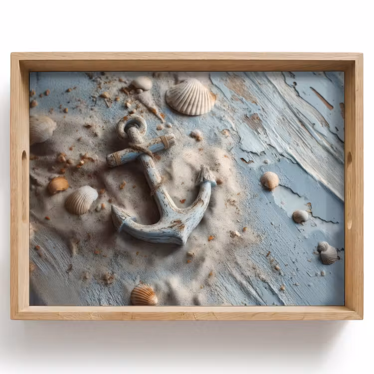 Vassoio - Ancora - Legno - Conchiglie - Sabbia — 1