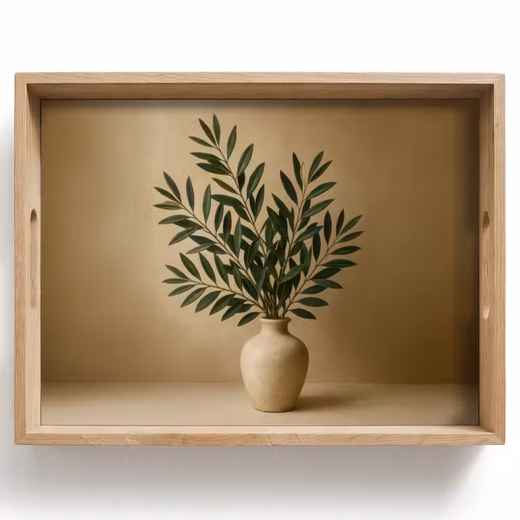 Vassoio - Vaso - Rami d'ulivo - Foglie - Beige — 1