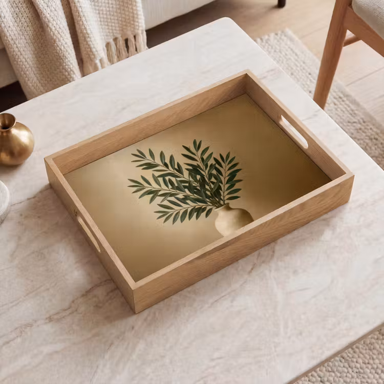 Vassoio - Vaso - Rami d'ulivo - Foglie - Beige — 2
