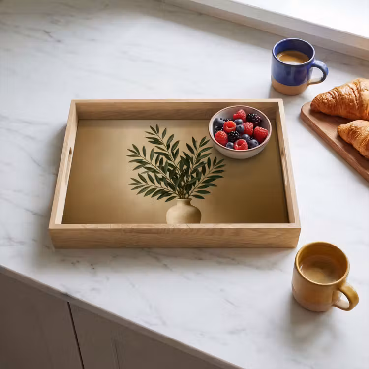 Vassoio - Vaso - Rami d'ulivo - Foglie - Beige — 3