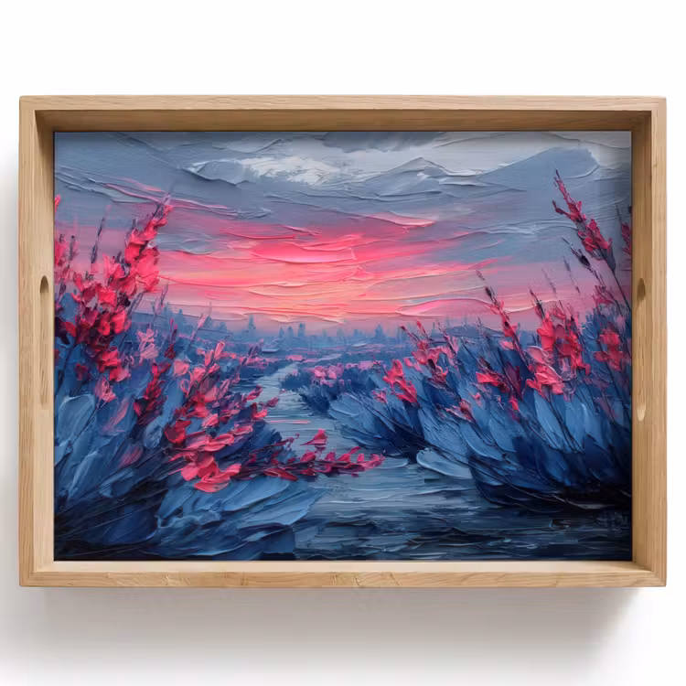 Vassoio - Pittura - Tramonto - Fiori - Fiume — 1
