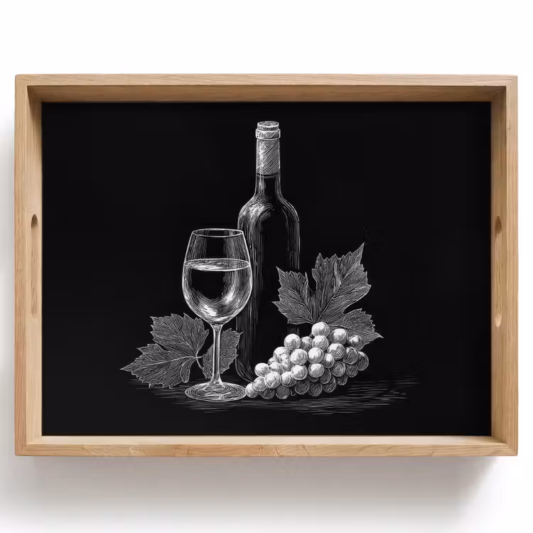 Vassoio - Bottiglia di vino - Bicchiere - Uva - Foglie — 1