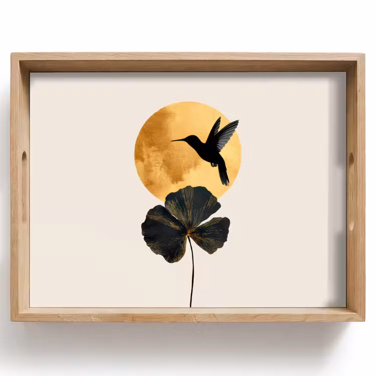 Vassoio - Colibrì nero - Fiore - Cerchio d'oro — 1