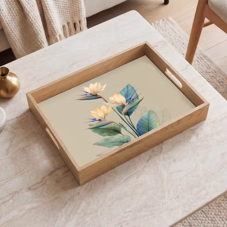 Vassoio - Fiori di uccello del paradiso - Foglie verde-blu - Beige — 2
