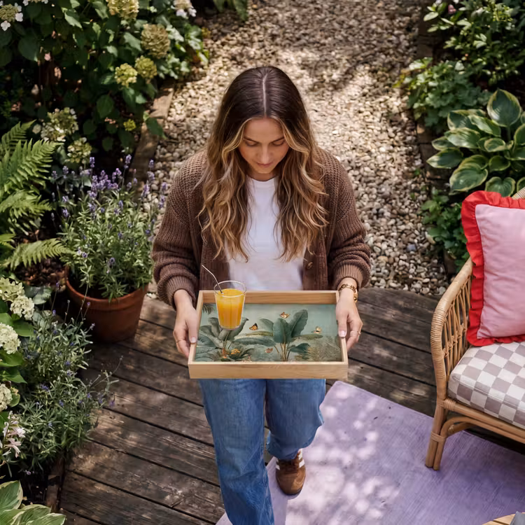 Vassoio - Fogliame tropicale - Farfalle - Verde - Marrone — 6