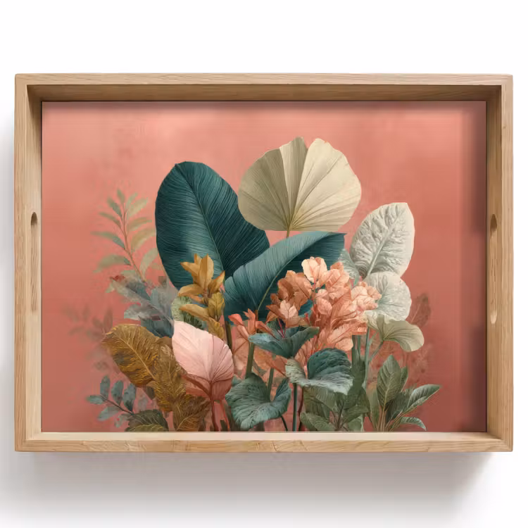 Vassoio - Foglie tropicali - Fiori - Rosa - verde — 1