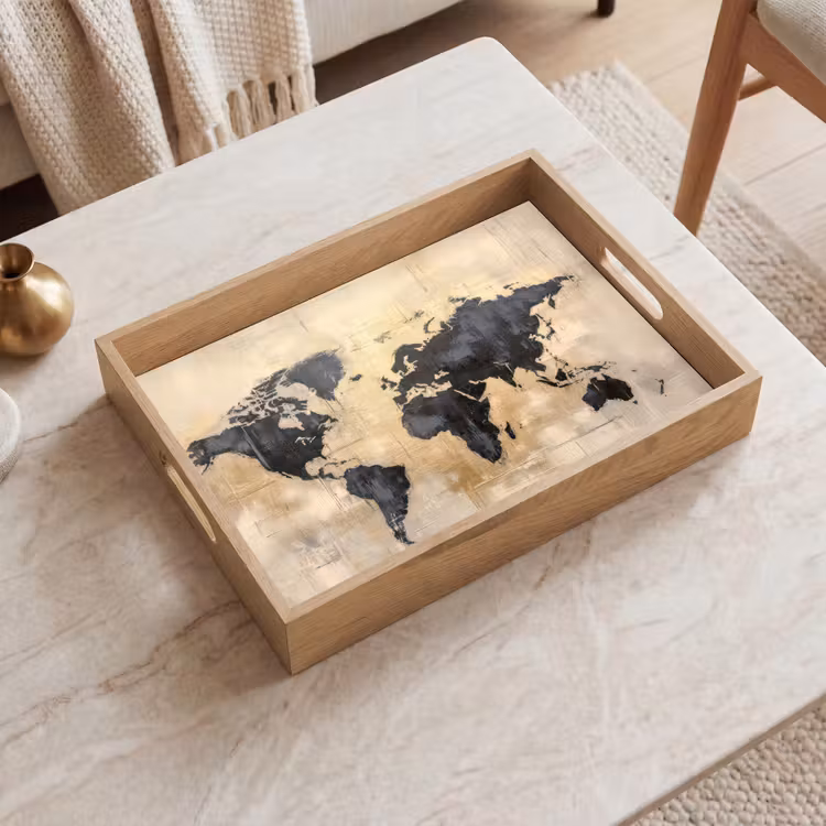 Vassoio - Mappa del mondo - Oro - Nero - Astratto — 2