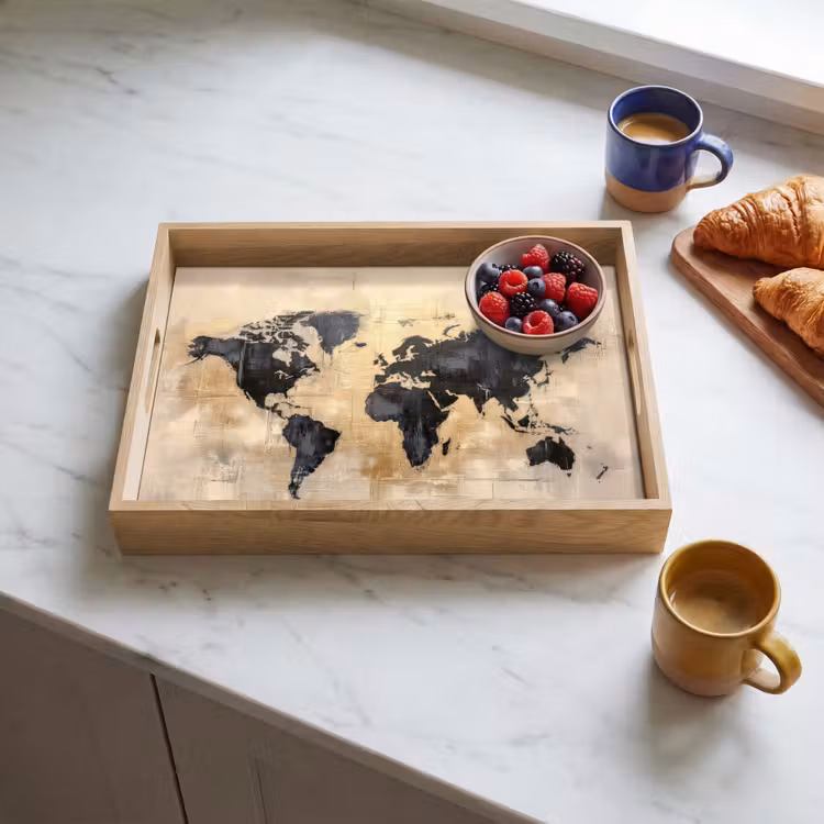 Vassoio - Mappa del mondo - Oro - Nero - Astratto — 3