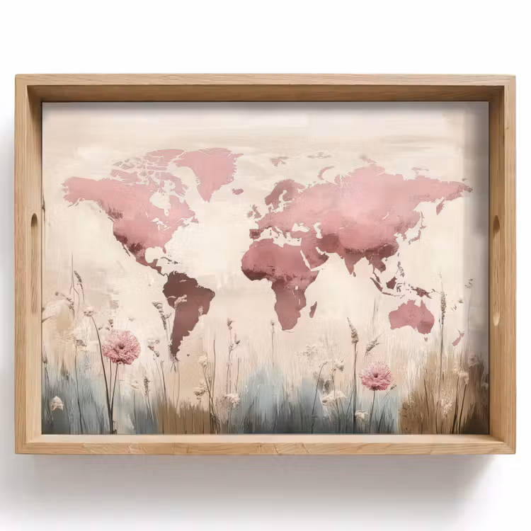 Vassoio - Mappa del mondo - Rosa - Fiori — 1