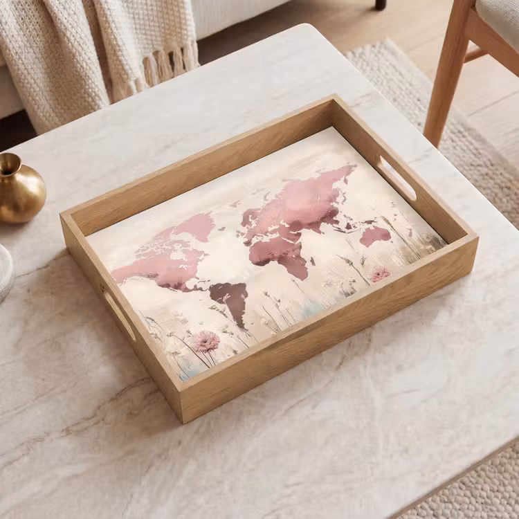 Vassoio - Mappa del mondo - Rosa - Fiori — 2
