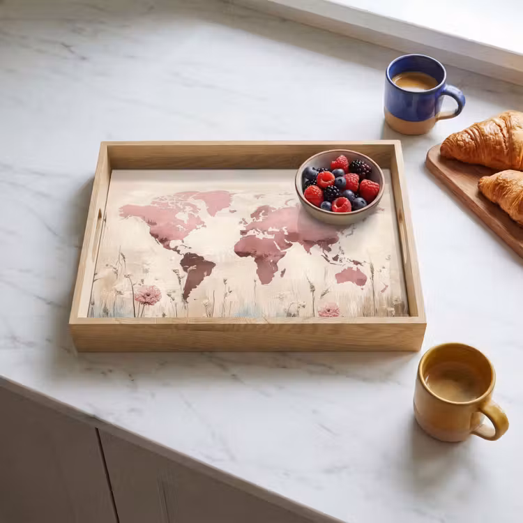Vassoio - Mappa del mondo - Rosa - Fiori — 3