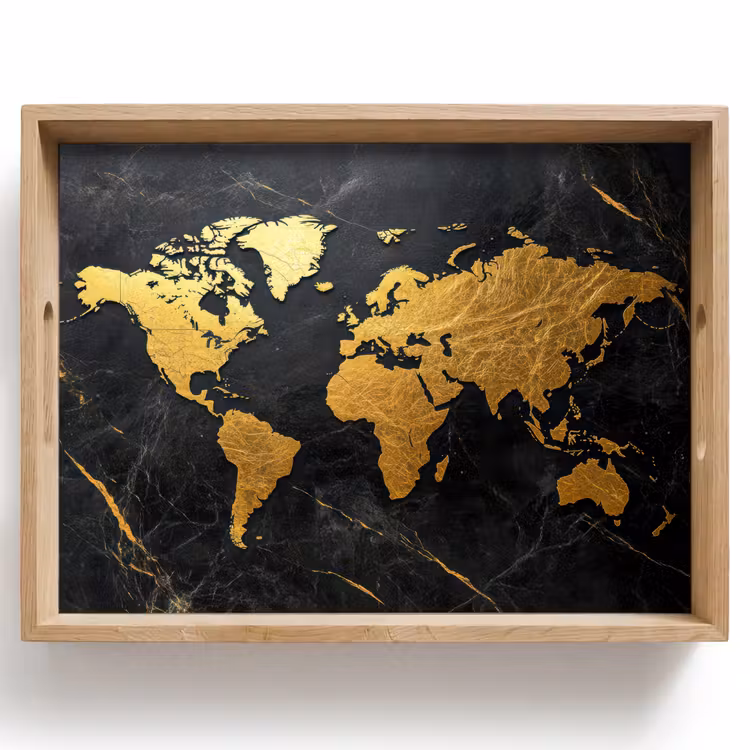 Vassoio - Mappa del mondo - Oro - Marmo — 1