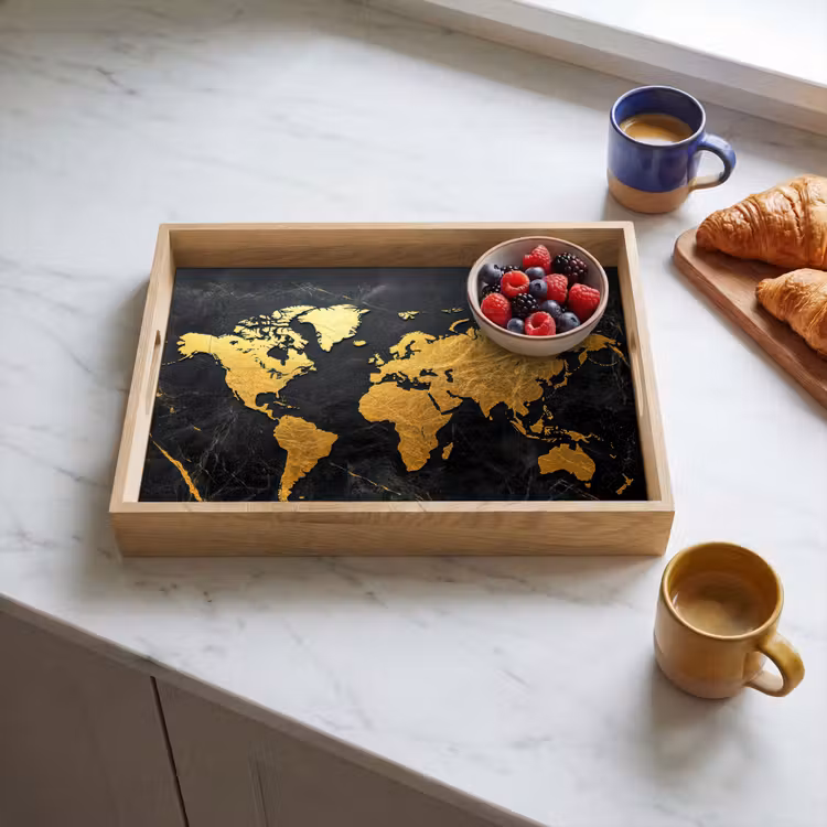 Vassoio - Mappa del mondo - Oro - Marmo — 3