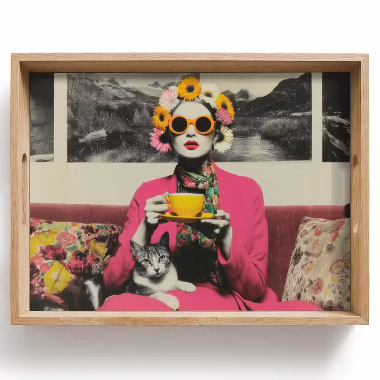 Vassoio - Donna - Gatto - Fiori - Tazza - Retro — 1