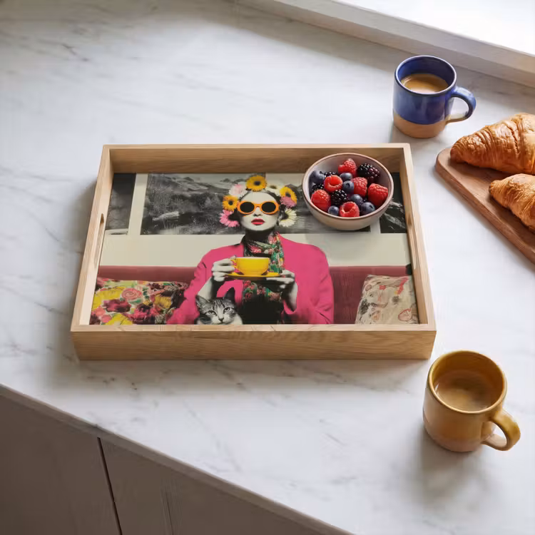 Vassoio - Donna - Gatto - Fiori - Tazza - Retro — 3