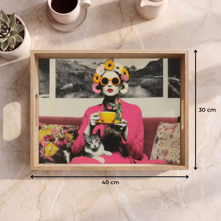 Vassoio - Donna - Gatto - Fiori - Tazza - Retro — 7