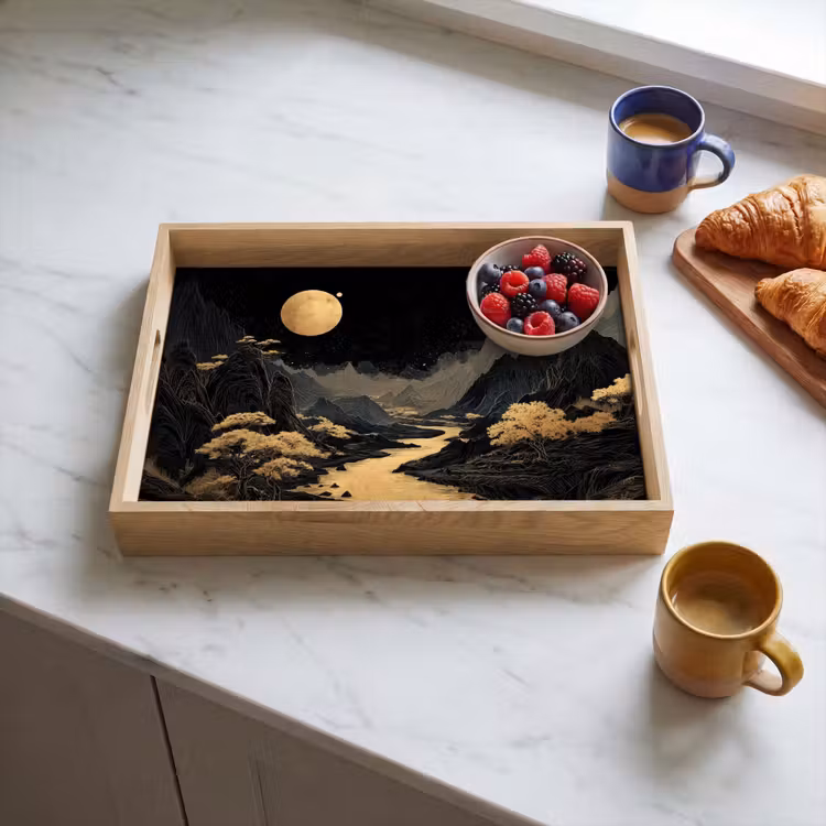 Vassoio - Fiume dorato - Montagne - Luna - Cielo stellato — 3