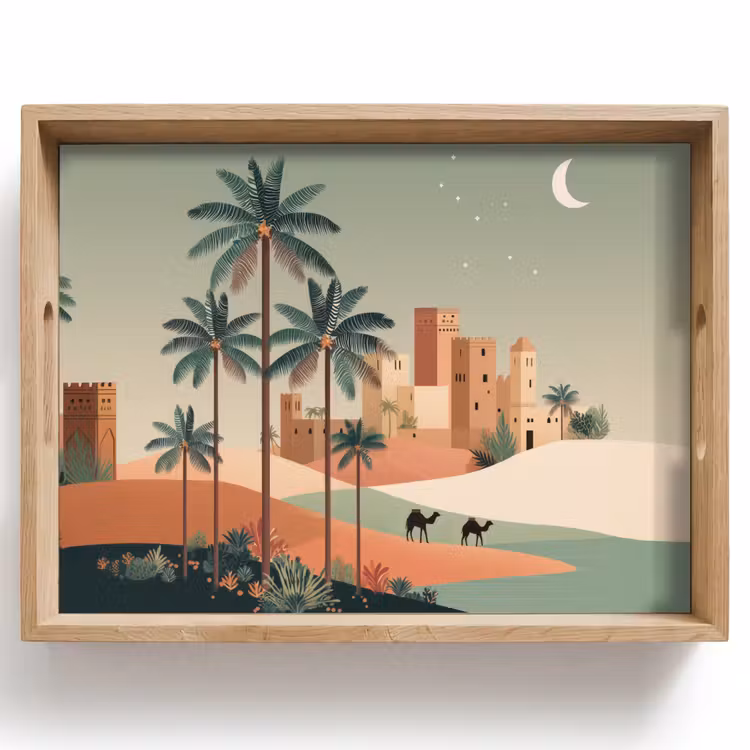 Vassoio - Paesaggio notturno - Cammelli - Stelle - Dune di sabbia — 1