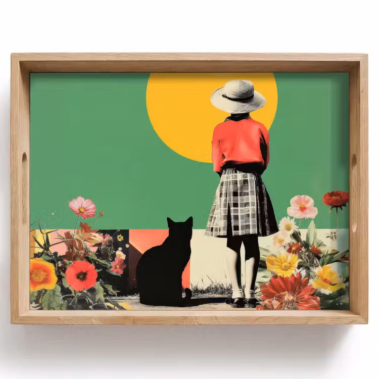 Vassoio - Retro - Ragazza - Gatto - Sole — 1