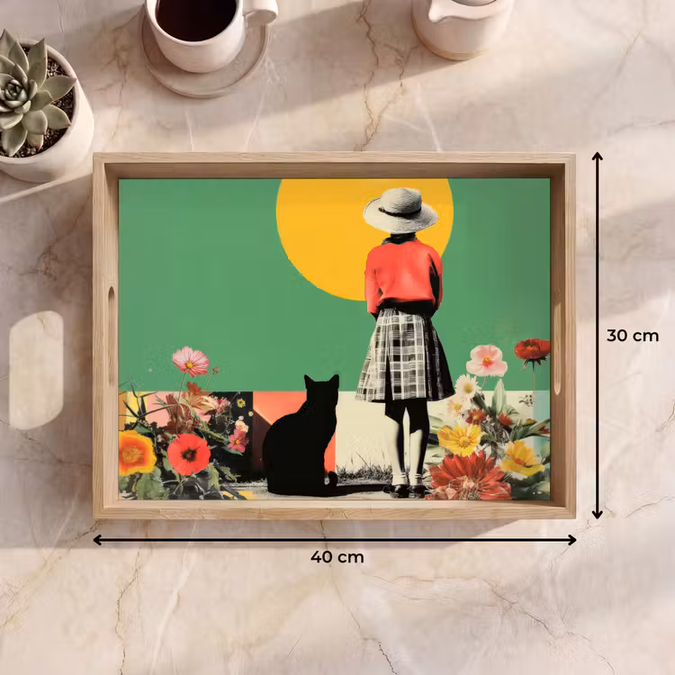 Vassoio - Retro - Ragazza - Gatto - Sole — 7