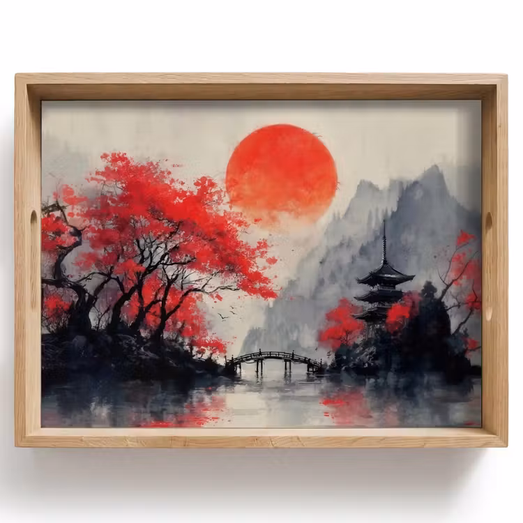 Vassoio - Sole rosso - Fiume - Ponte - Alberi — 1