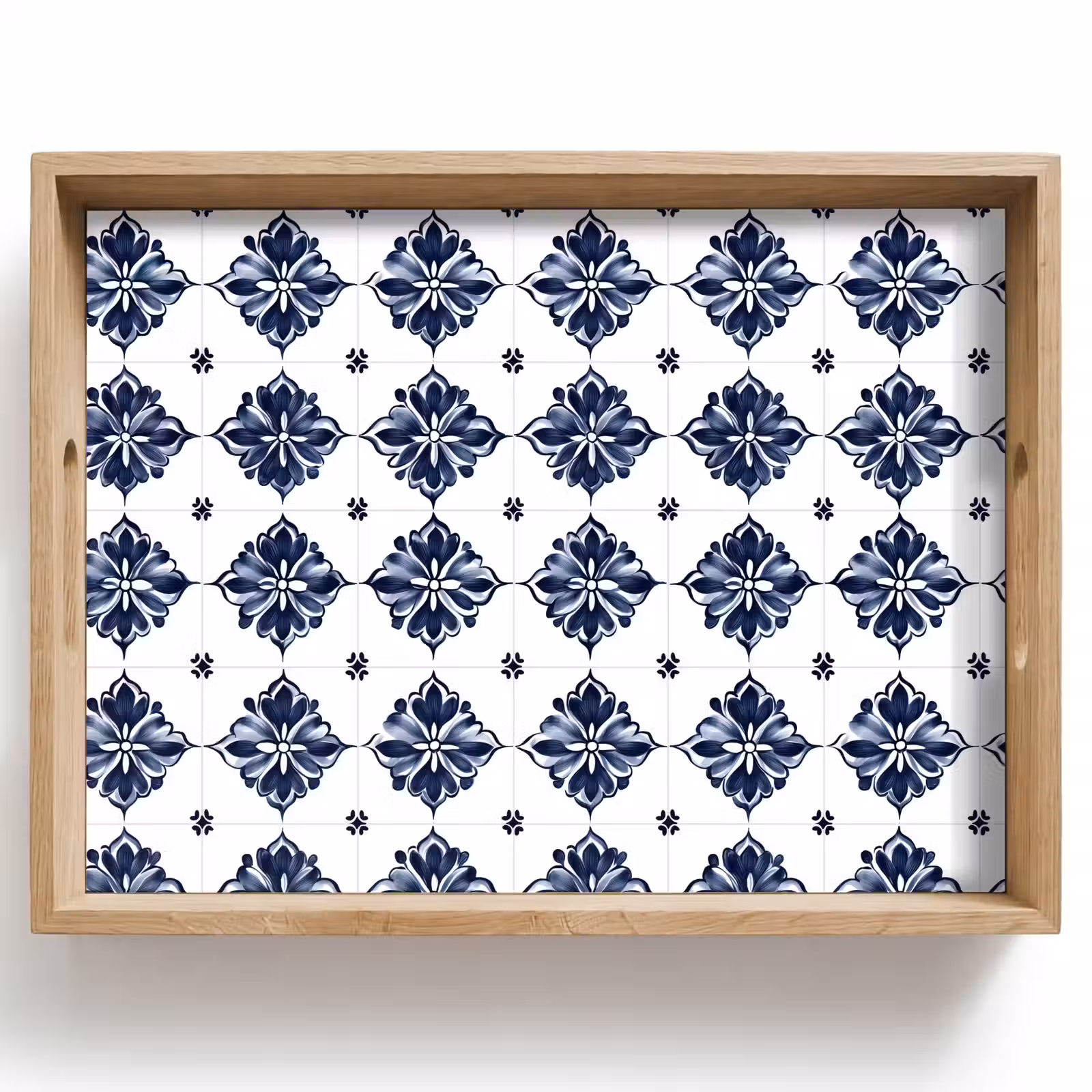 Vassoio - Motivo a piastrelle - Blu - Bianco - Fiore — 1