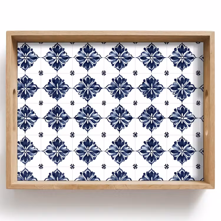 Vassoio - Motivo a piastrelle - Blu - Bianco - Fiore — 1