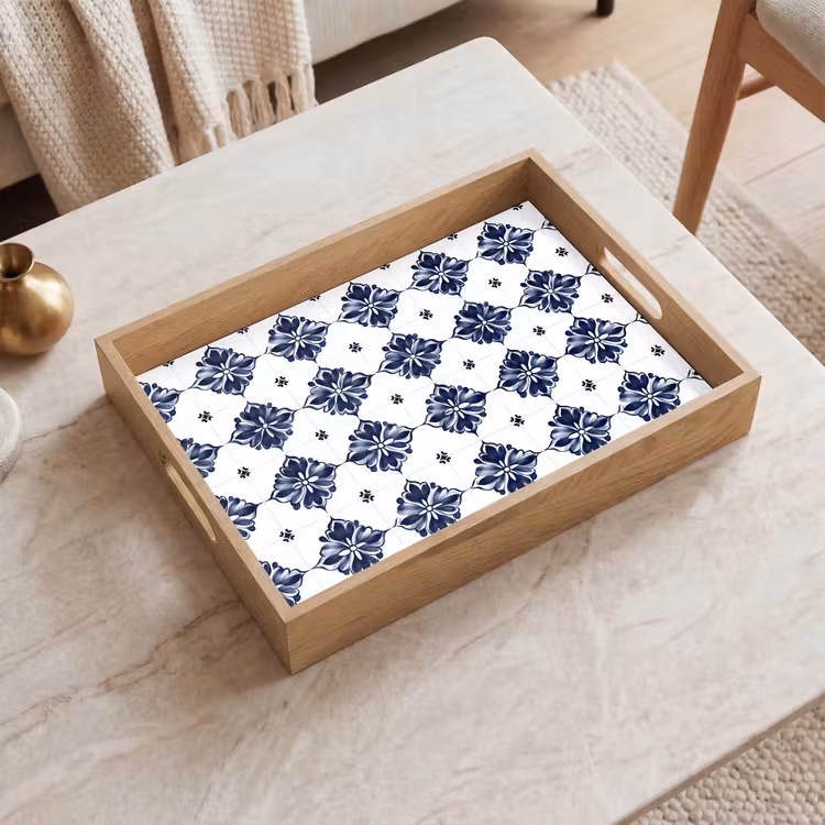 Vassoio - Motivo a piastrelle - Blu - Bianco - Fiore — 2
