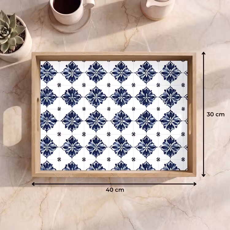 Vassoio - Motivo a piastrelle - Blu - Bianco - Fiore — 7