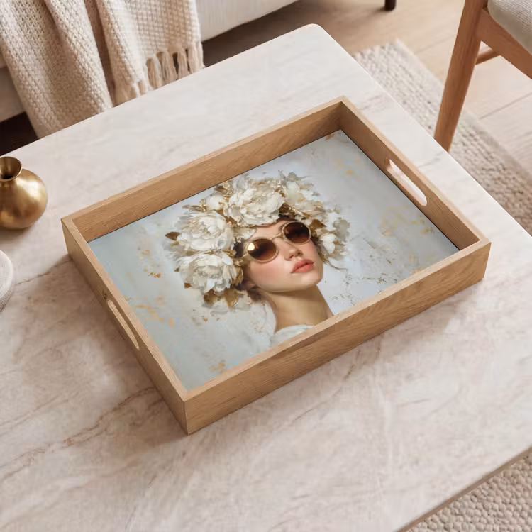 Vassoio - Pittura - Donna - Occhiali da sole - Corona di fiori — 2