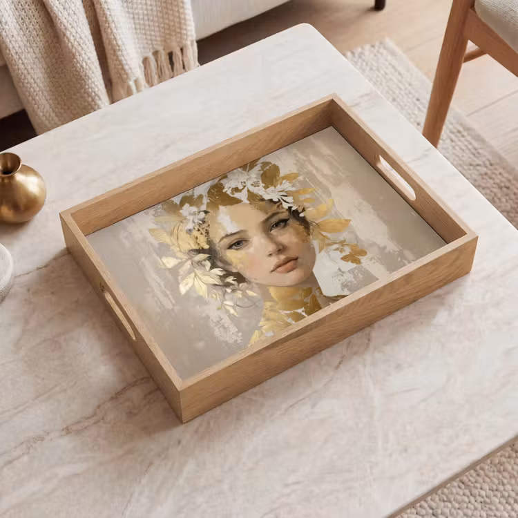 Vassoio - Volto - Donna - Foglie - Oro — 2