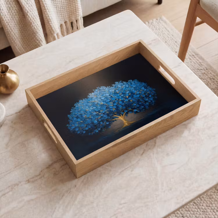 Vassoio - Albero - Blu - Foglie - Pennellate — 2