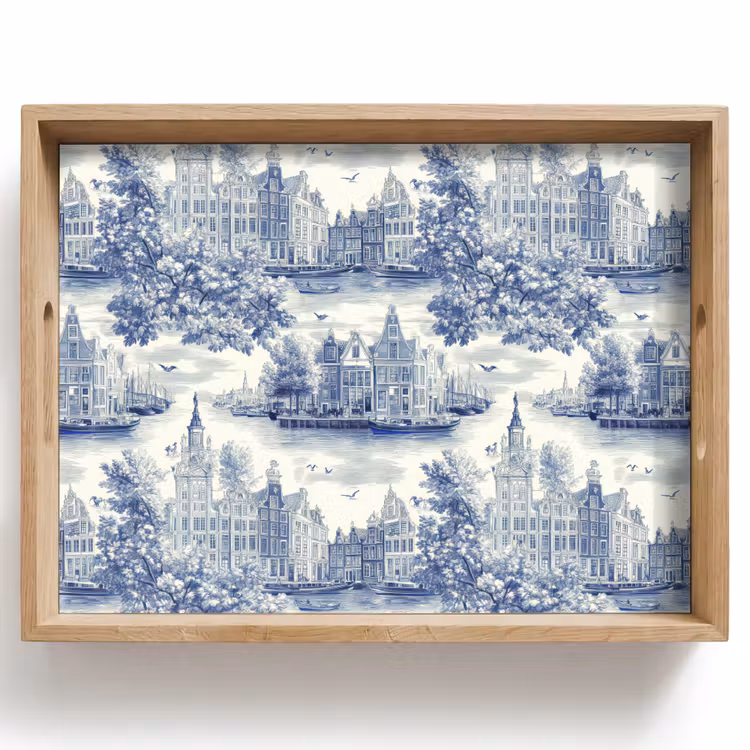Vassoio - Case - Alberi - Acqua - Uccelli - Blu — 1
