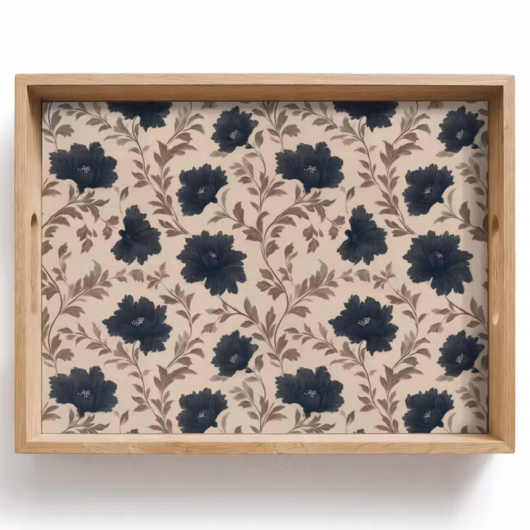 Vassoio - Motivo - Fiori - Nero - Beige — 1
