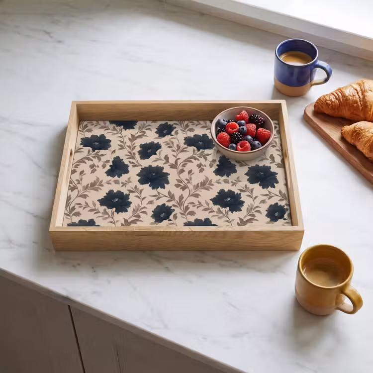 Vassoio - Motivo - Fiori - Nero - Beige — 3