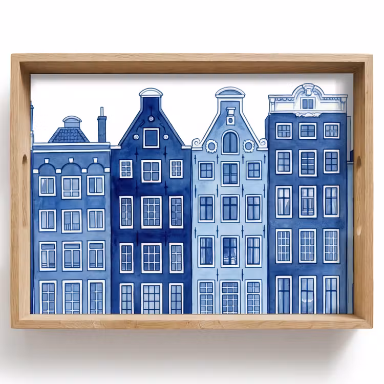 Vassoio - Acquerello - Case sul canale - Delftware — 1