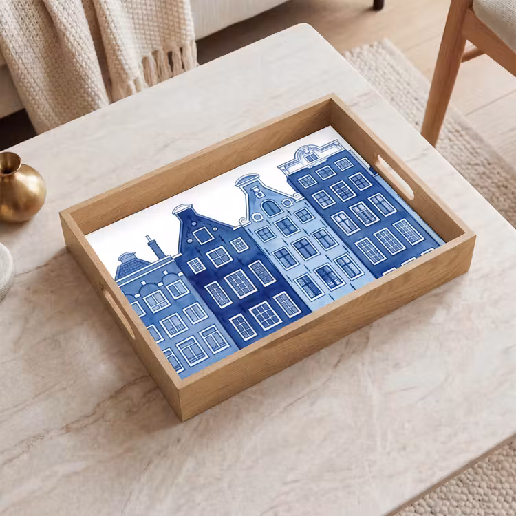 Vassoio - Acquerello - Case sul canale - Delftware — 2