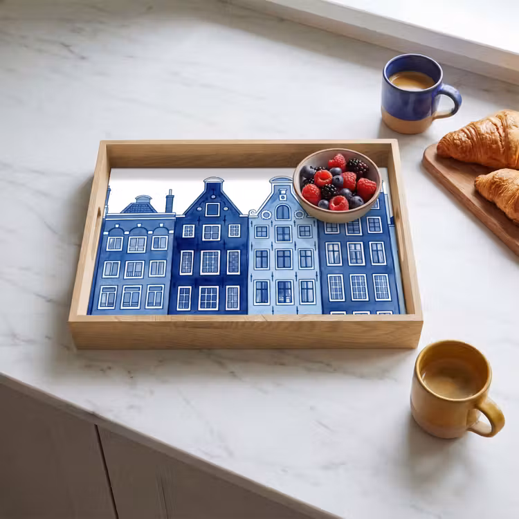 Vassoio - Acquerello - Case sul canale - Delftware — 3