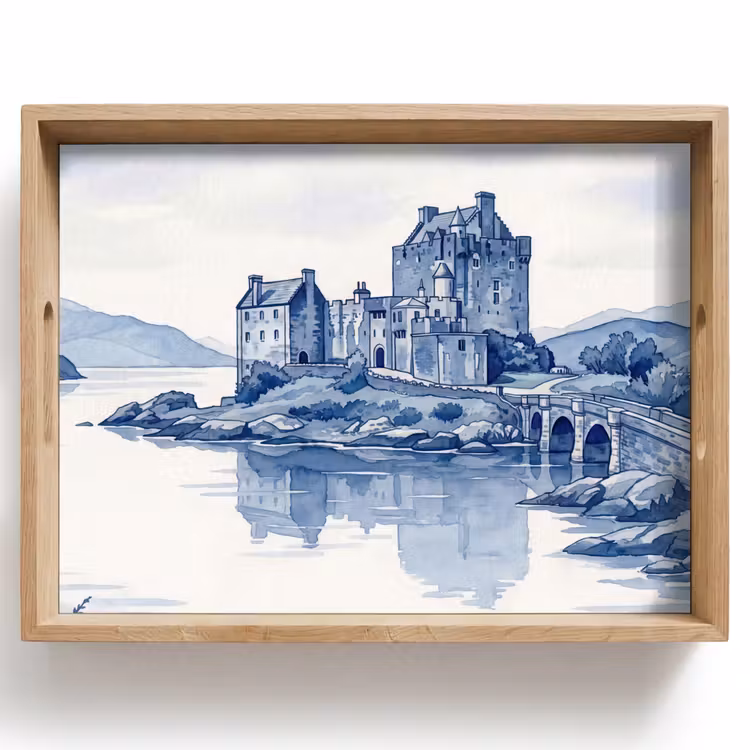 Vassoio - Scozia - Castello - Blu - Acquerello — 1