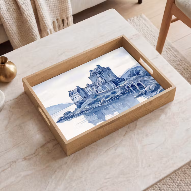 Vassoio - Scozia - Castello - Blu - Acquerello — 2